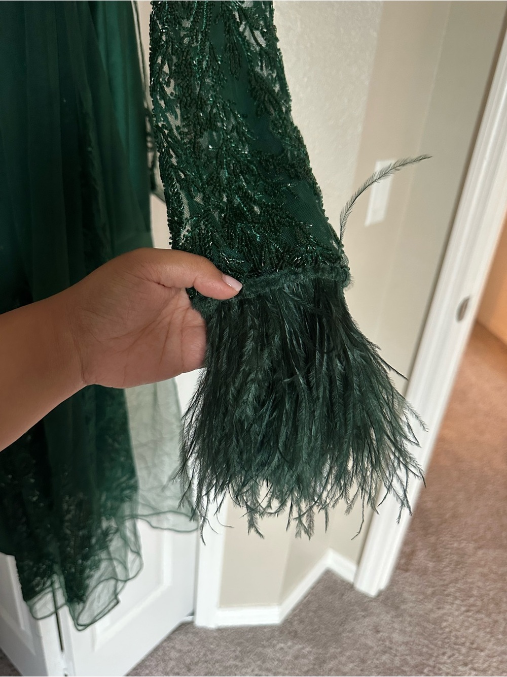 Embellished Dark Green Lehenga Beaded Crop Top with Feather Cuffs - Picture 6 of 8